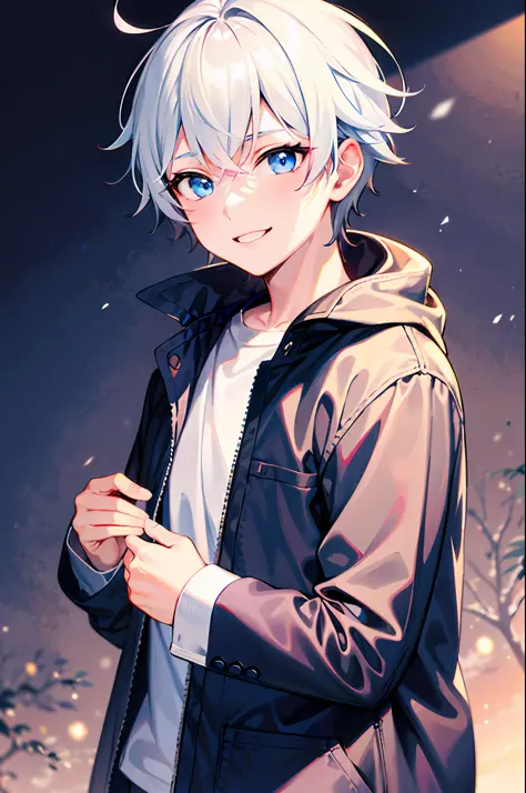 (morning), 1boy, solo, looking at the viewer, winter, (center), smile, white hair, blue eyes