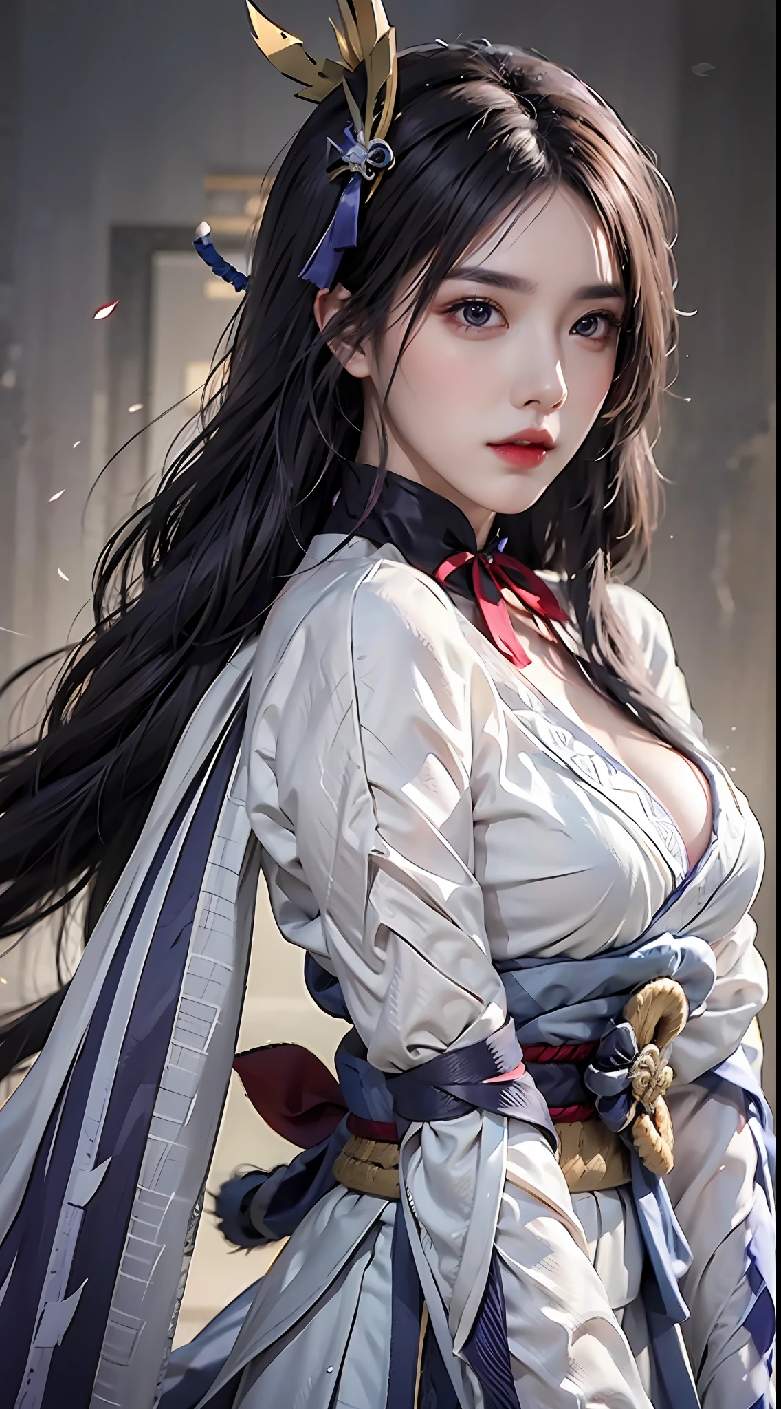 photorealistic, high resolution, 1 girl, white long hair, beautiful eyes, normal breast, raiden shogun costume