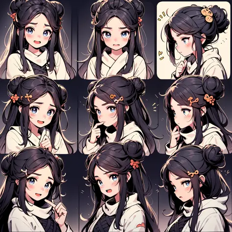 1 cute girl，9 grids，9 emoji packs，9 poses and expressions，Hanfu、hairbuns、hair ornament，Disney  style，Black strokes，Different emotions，8K