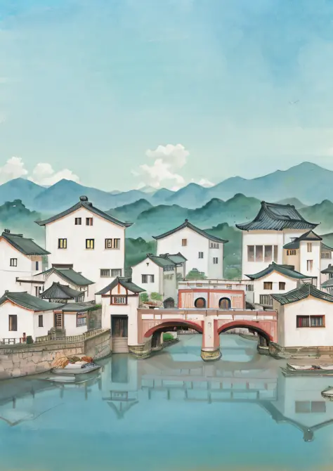 A caricature of a small town，There is a bridge over the river, dreamy Chinese towns, Chinese village, chinese watercolor style, ...