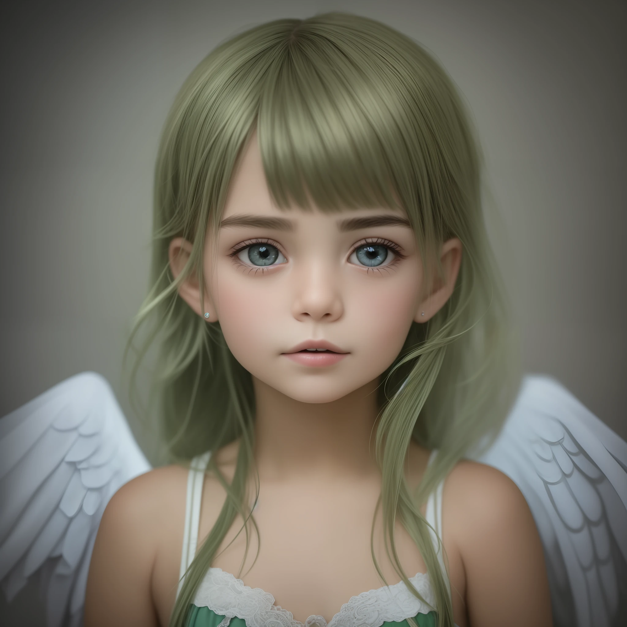 ultra realistic photography, RAW photograph, 1boy angel, gorgeous 9years aged child in a dark background, Ropa angelical, cara preciosa y perfecta, ojos grises normales, alas detalladas y hermosas de color verdes, child with half body, tunica de color verde con detalles blancos y dorados,caricatura, Cara detallada --auto --s2