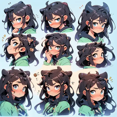 1 cute girl，9 grids，9 poses and expressions，Disney  style，Demon Dragon Horn，Black strokes，Different emotions，8K
