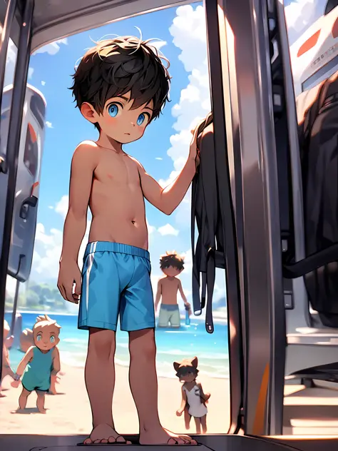 Shota，black color hair，toddlers，Blue eyes，（Cubs）， Q version， Cutes， to stand， Master masterpieces， high resolucion，8K，detailedba...