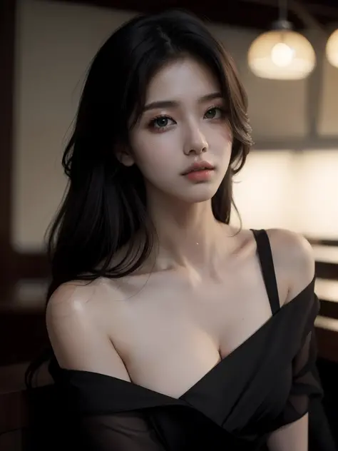 beste Quality, masterpieces, Super High Resolution, (photo realistic:1.5), Raw Image,Black dress ,Korean 1girl, offshoulder, In ...