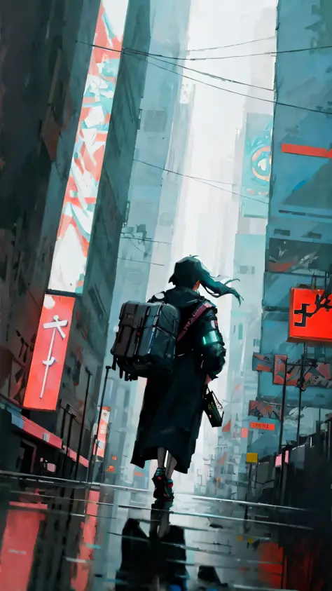anime character walking down a city street with a backpack on his back, digital cyberpunk anime art, at cyberpunk city, cyberpun...