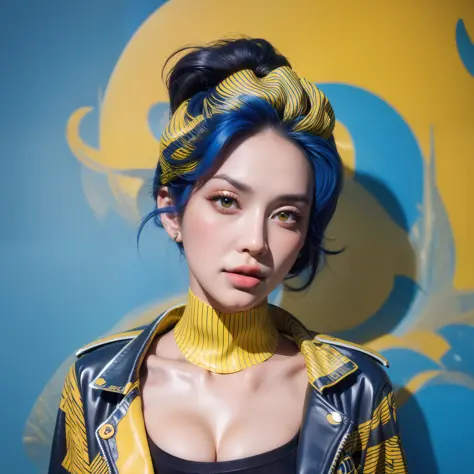 (masterpiece, best quality),a beautiful woman, lipstick, illustration, punk, cd cover art, (((blue and yellow))), portrait, blue background , yellow splashes, graffiti