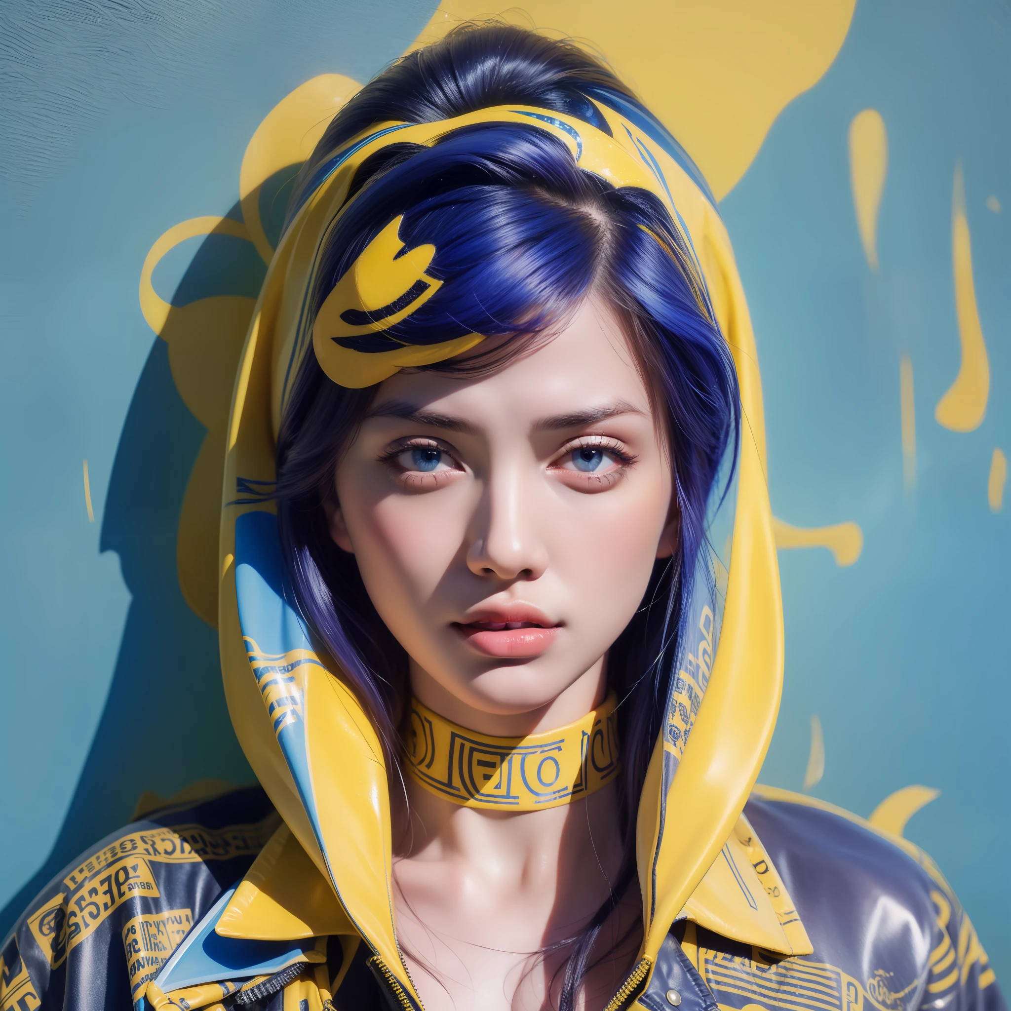 (masterpiece, best quality),a beautiful woman, lipstick, illustration, punk, cd cover art, (((blue and yellow))), portrait, blue background , yellow splashes, graffiti