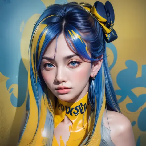 (masterpiece, best quality),a beautiful woman, lipstick, illustration, punk, cd cover art, (((blue and yellow))), portrait, blue background , yellow splashes, graffiti