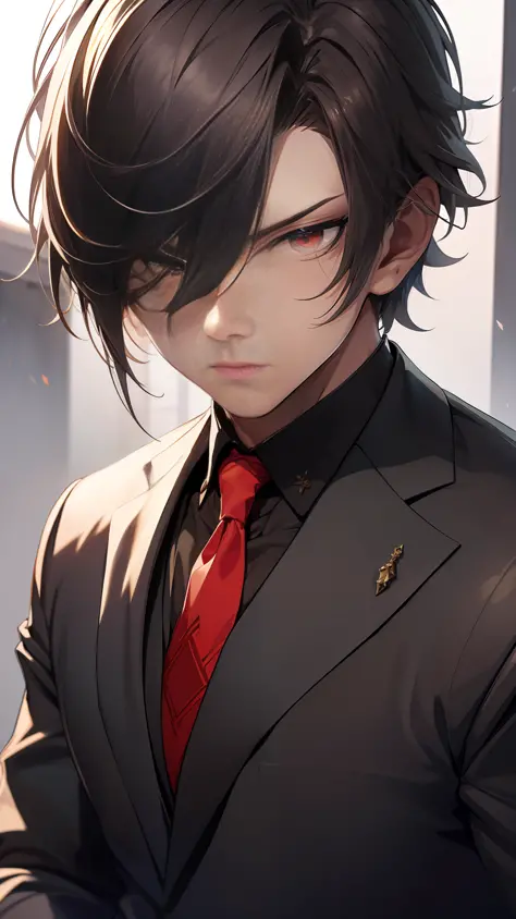 Very handsome boy，Noble look，with short black hair，Red pupils，Grim expression，Upper body ID photo，The eyes portray attention to detail，Black suit with no decorations，Sitting in a red leather seat，A kingly look，Face the camera