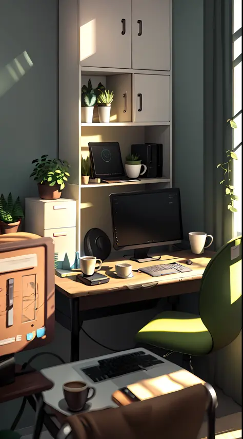 cartoon of a desk with a computer and a monitor in a room, cozy home background，Greenery，Blade details，coffee mug，nerds，picture ...