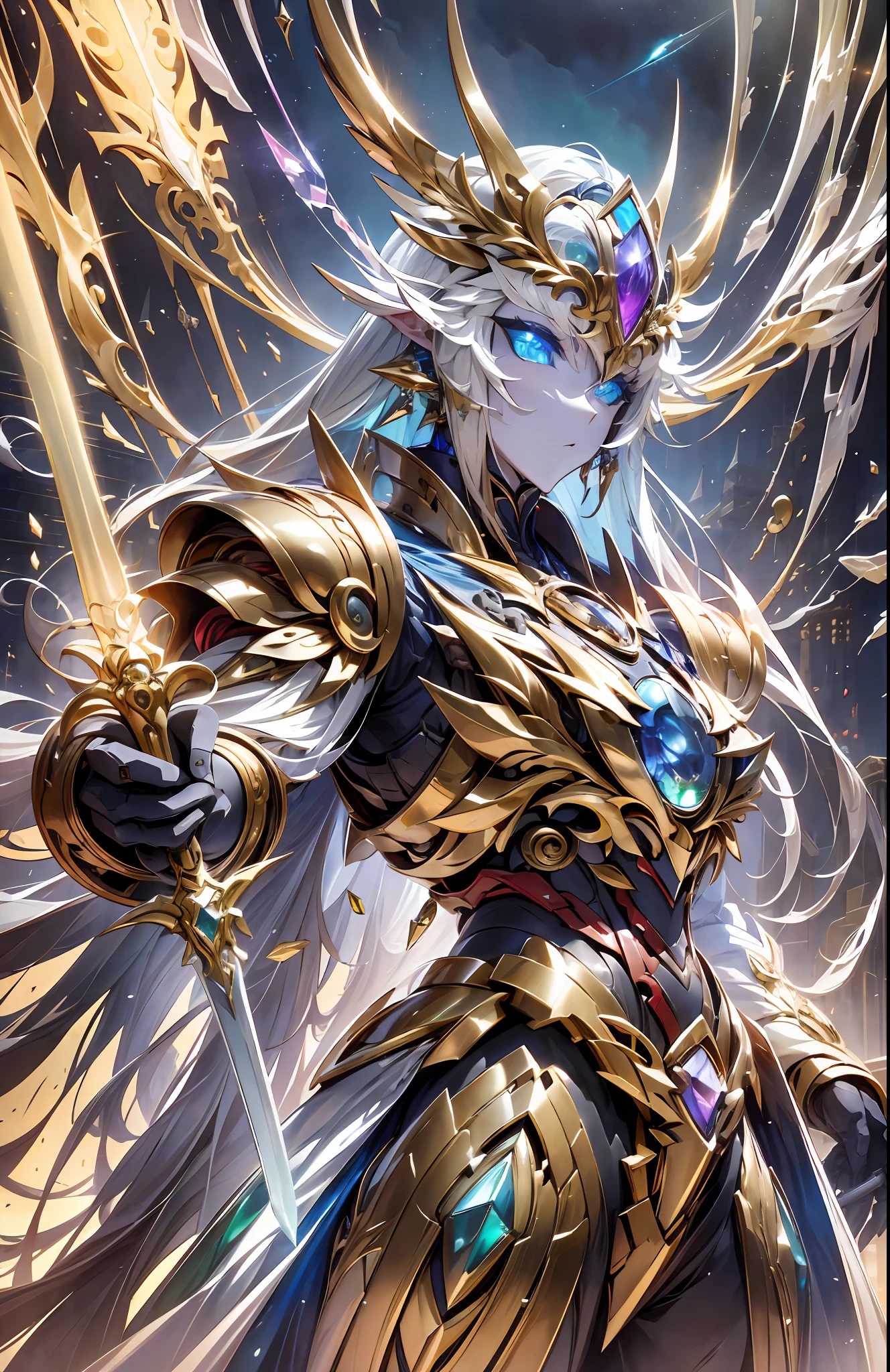 (Very long sword:1.5),The ultimate king of the universe,Ancient legends,Chinese Taoism,mysterious symbols,Ethereal lights,surrounded by cloud,Fighting posture,(Smooth surface),Stand on a cliff overlooking the night view,Cyberpunk-city,White is the main color，With red、Bright decorative colors such as blue and gold。(crystal:1.3),(((Masterpiece))),(((Best quality))),((ultra -detailed))((Extremely detailed CG)),((16K resolution))((An extremely delicate and beautiful)),{Photorealistic},Full of detailed light blooms,A masterpiece from the Canon EOS R6 shooting,((nmasterpiece)) ,cinematiclight,solo,Unreal Engine 5,(Long sword in hand:1.4),Chinese Longquan sword,Superb craftsmanship、An elegant and powerful sword。The blade is slender and graceful),lightening,raiden