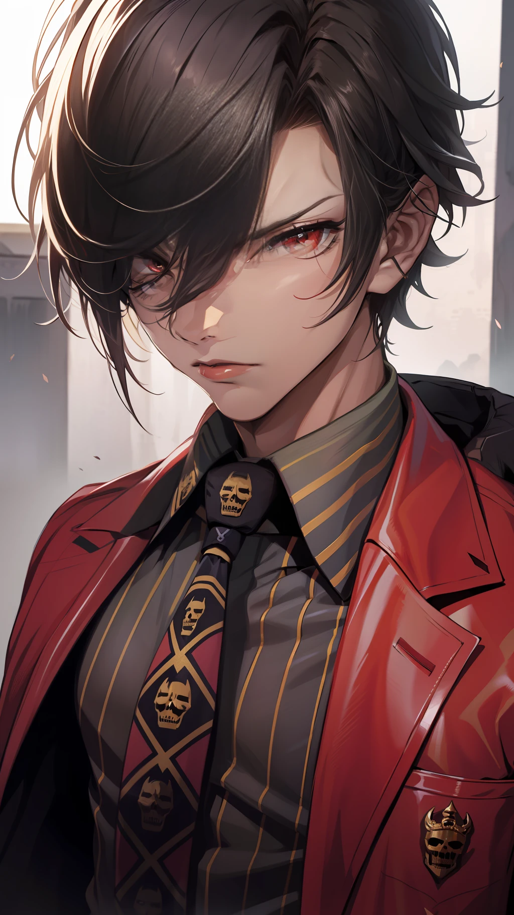 Very handsome boy，Noble look，with short black hair，Red pupils，Grim expression，Upper body ID photo，The eyes portray attention to detail，Black suit with no decorations，Sitting in a red leather seat，A kingly look，Face the camera