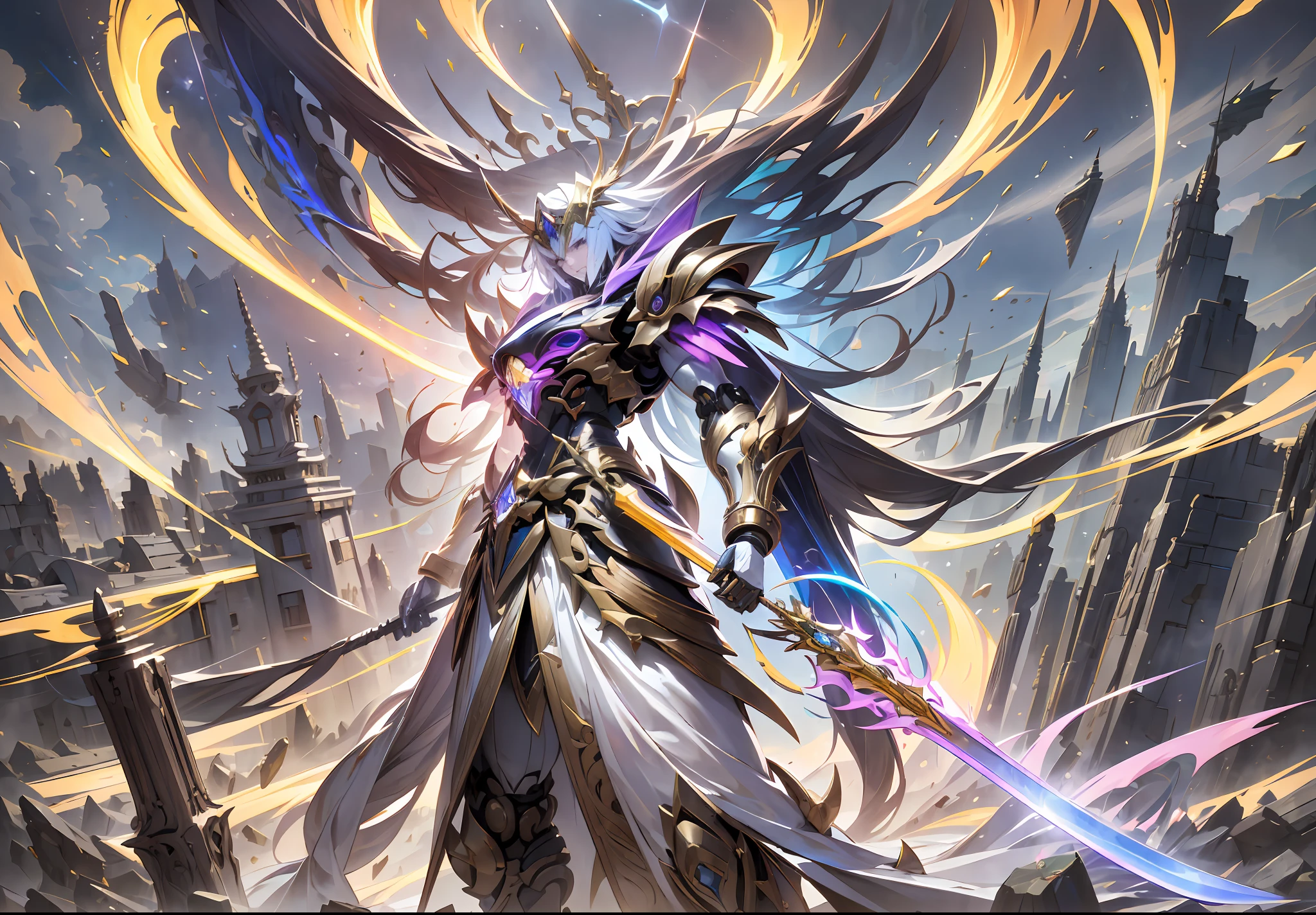 (Very long sword:1.5),The ultimate king of the universe,Ancient legends,Chinese Taoism,mysterious symbols,Ethereal lights,surrounded by cloud,Fighting posture,(Smooth surface),Stand on a cliff overlooking the night view,Cyberpunk-city,White is the main color，With red、Bright decorative colors such as blue and gold。(crystal:1.3),(((巨作))),(((Best quality))),((ultra -detailed))((Extremely detailed CG)),((16K resolution))((An extremely delicate and beautiful)),{Photorealistic},Full of detailed light blooms,A masterpiece from the Canon EOS R6 shooting,((nmasterpiece)) ,cinematiclight,独奏,Unreal Engine 5,(Long sword in hand:1.4),Chinese Longquan sword,Superb craftsmanship、An elegant and powerful sword。The blade is slender and graceful),lightening,raiden