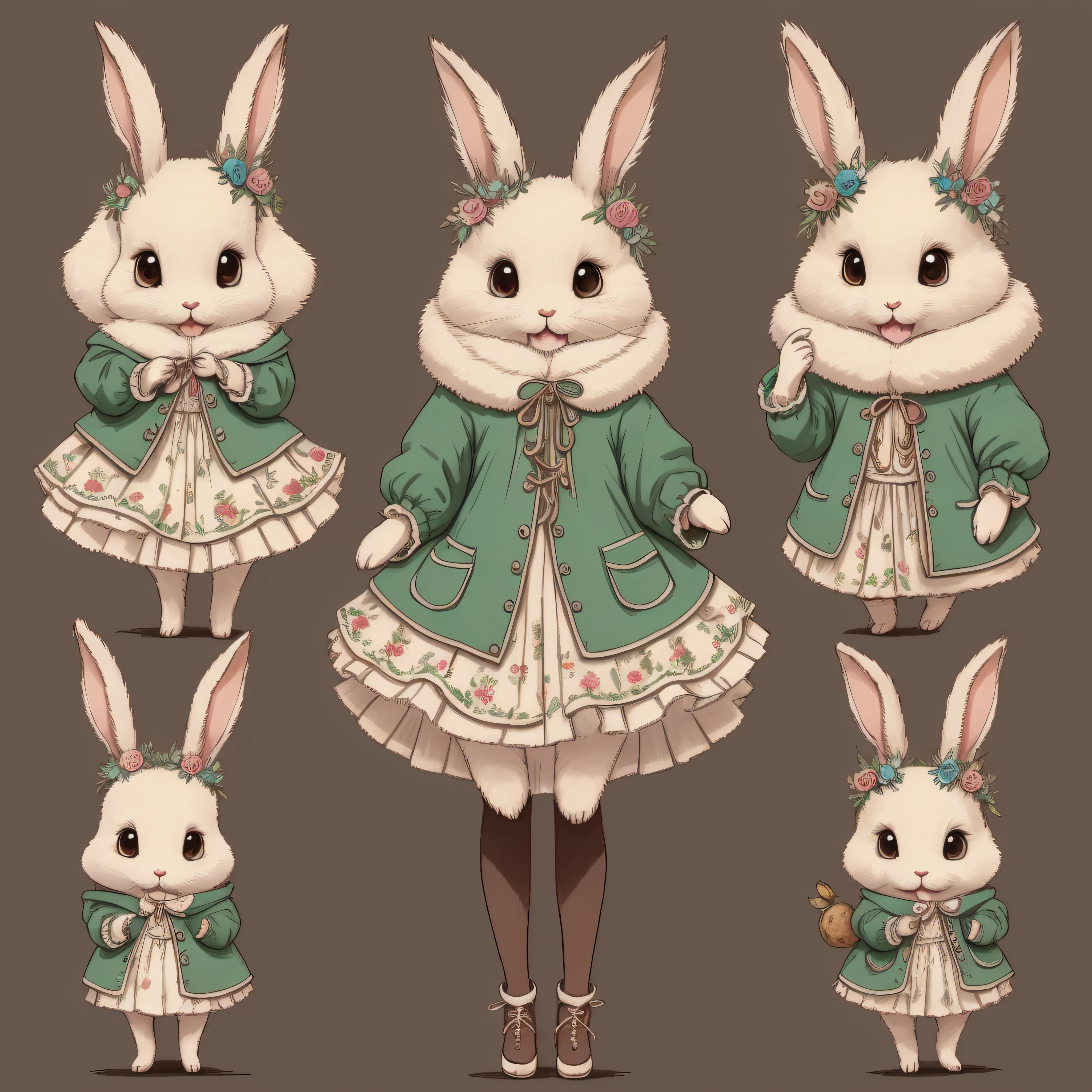 An ultra-high picture quality、Super delicate、Character design drawings、Full body like、Multiple Pose、Multiple facial expressions、Anthropomorphic cute rabbit、Cute characters from fairy tales、Cute rabbit in coat、18th century French clothing、Colorful colors、