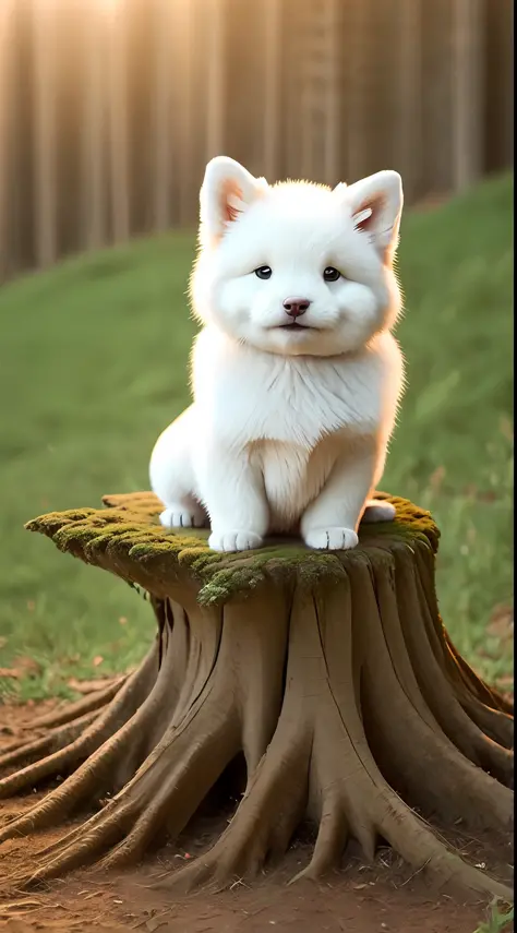 sit on the hillside，samoyed near the roots of the tree