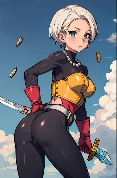(masterpiece, best quality:1.1), thief (dq3), 1girl, solo, short hair, white hair, blue eyes, blush, medium breasts, pink gloves, jewelry, pearl necklace, earrings, belt, sword, yellow breastplate, black bodysuit, bag, (coin, sword on hip:1.2), (blue skies...