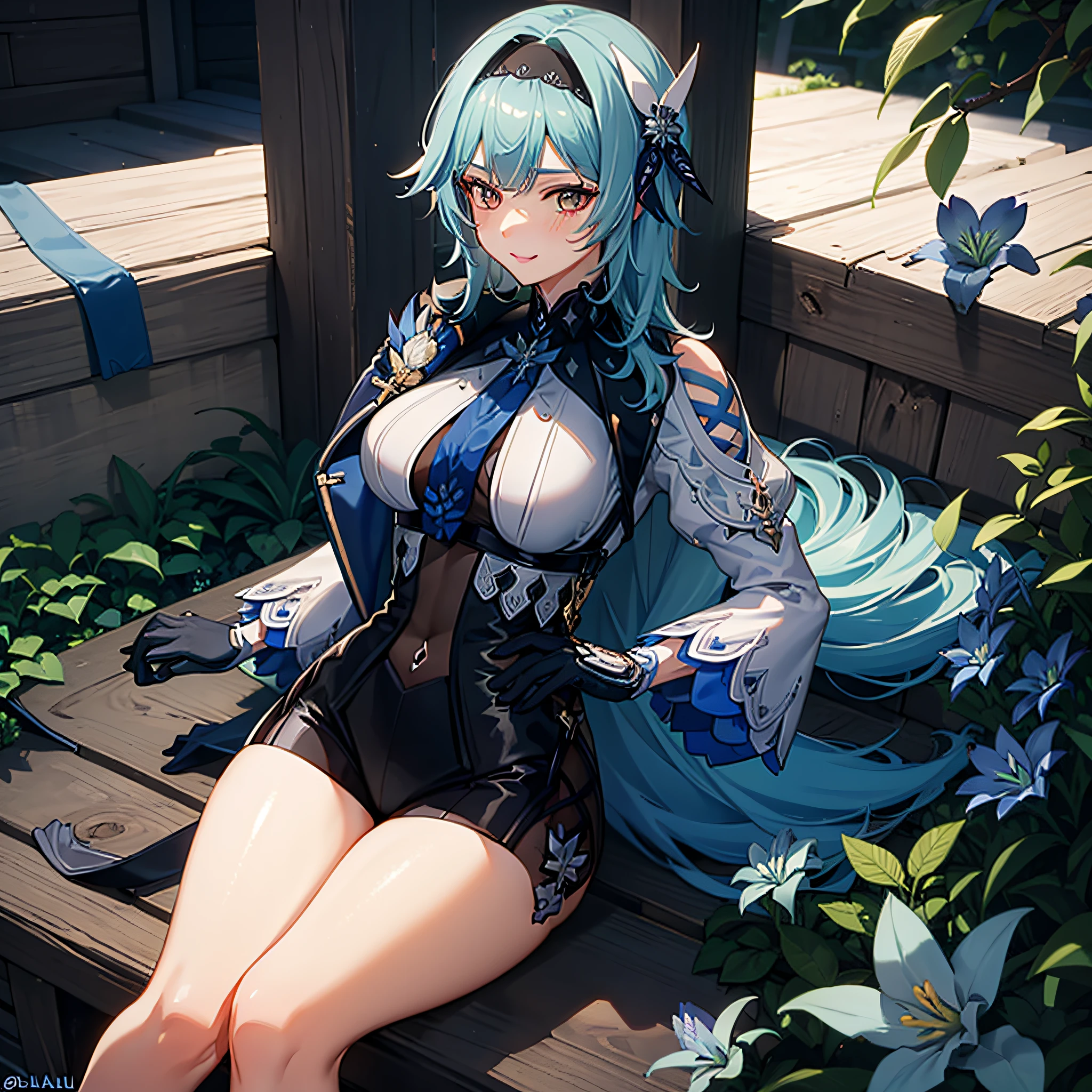 Anime - style image of a woman with blue hair and a blue dress sitting on a  bench（eula (genshin impact)) - SeaArt AI