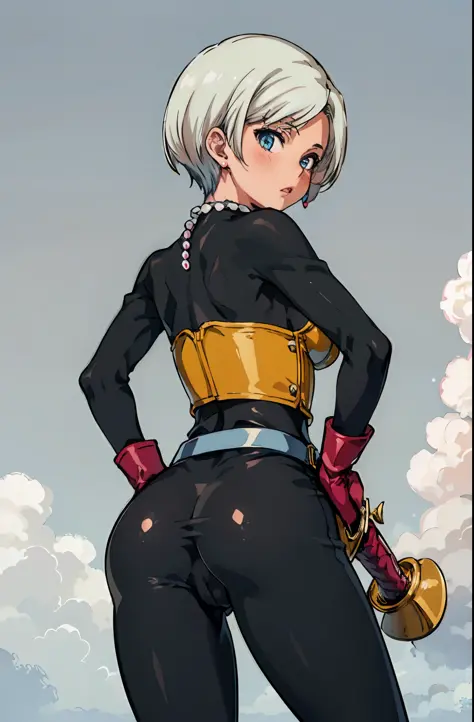 (masterpiece, best quality:1.1), thief (dq3), 1girl, solo, short hair, white hair, blue eyes, blush, medium breasts, pink gloves, jewelry, pearl necklace, earrings, belt, sword, yellow breastplate, black bodysuit, bag, (coin, sword on hip:1.2), (blue skies...