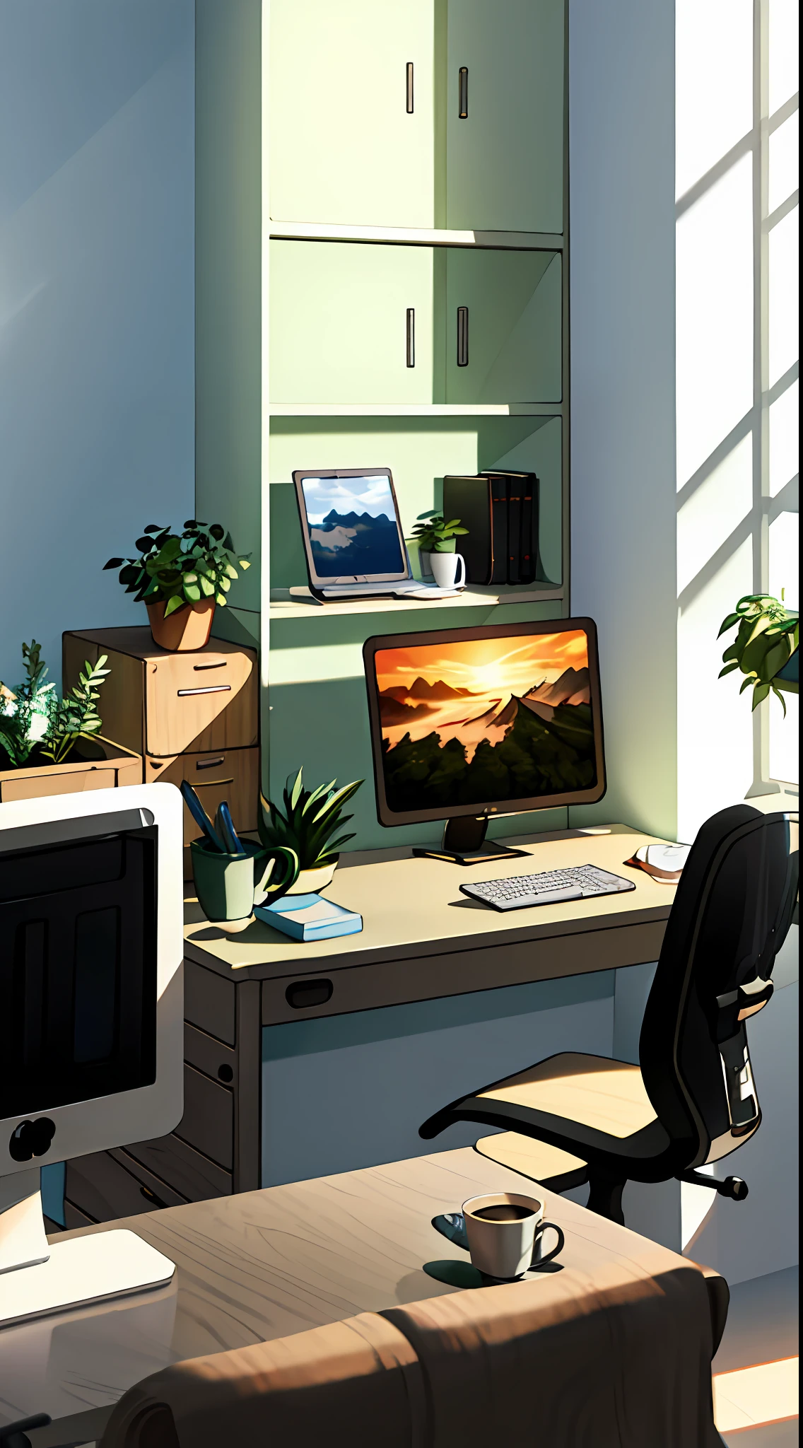 cartoon of a desk with a computer and a monitor in a room, cozy home background，Greenery，Blade details，coffee mug，nerds，picture frames，Simple and crisp，Detailed 2D illustration, interior background art, Anime background art, Realistic rays，blades，office backdrop, corner office background,Epic composition，（Complicated details），（Complex design，ultra detaile：1.2），art stations， （nmasterpiece，最佳质量），ultra high def，32K --v 6