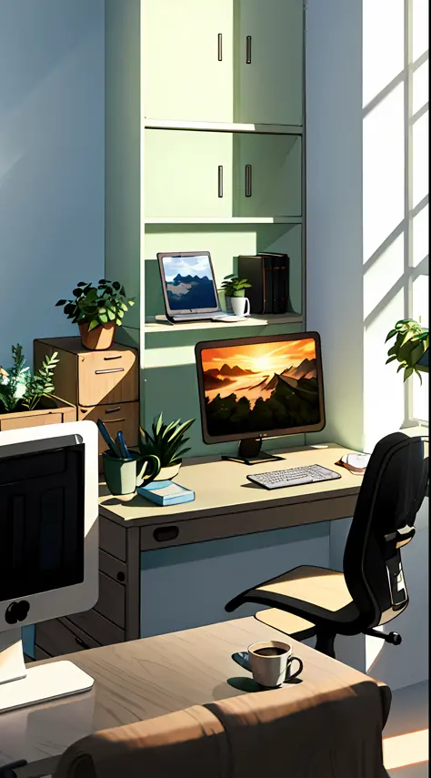 cartoon of a desk with a computer and a monitor in a room, cozy home background，greenery，blade details，coffee mug，nerds，picture ...