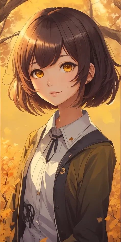 um close up de uma pessoa com cabelos castanhos e olhos amarelos, retrato bonito do anime, menina anime retrato, retrato bonito ...
