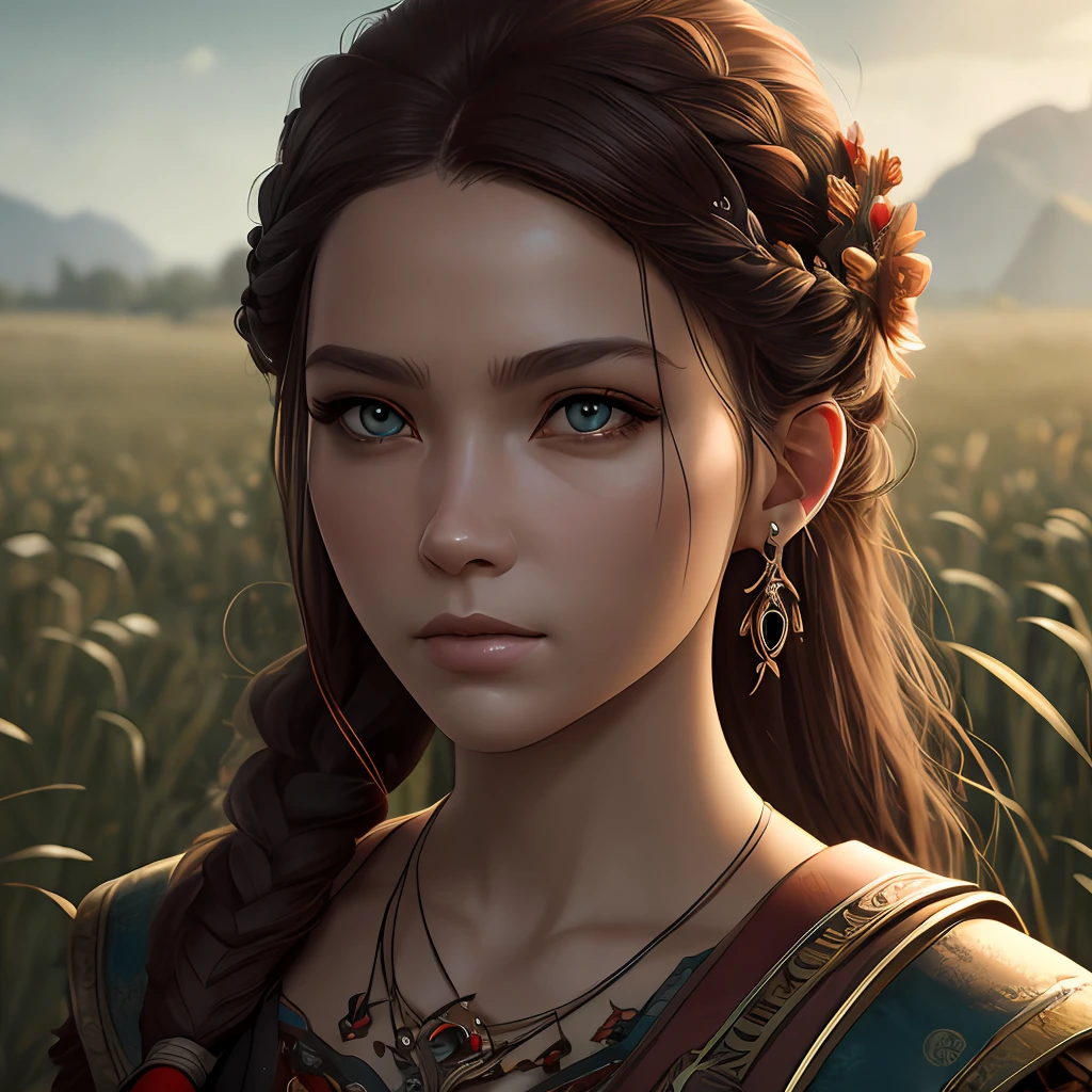 masterpiece, best quality, octane rendering, intricate details, aloy, crazy detailed eyes, perfect face, hair beads, wide portrait, open field, sparse vegetation, --auto