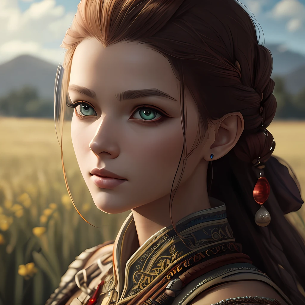 masterpiece, best quality, octane rendering, intricate details, aloy, crazy detailed eyes, perfect face, hair beads, wide portrait, open field, sparse vegetation, --auto