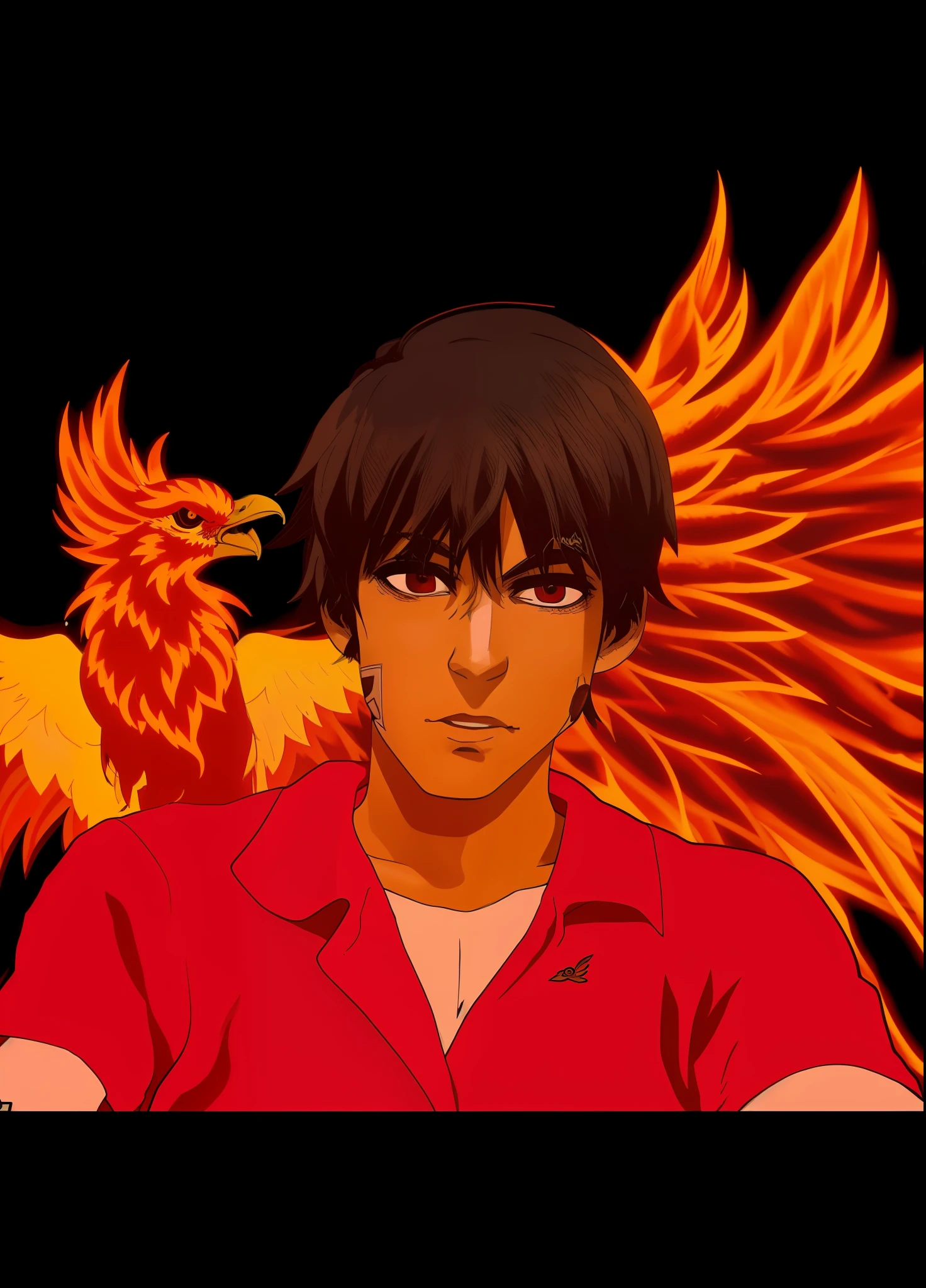 There's a boy with a red shirt and a red bird on his shoulder, phoenix-inspired, inspirado em Satoshi Kon, Satoshi poderia artstyle, she has the head of a phoenix, Satoshi Kon Anime, Estilo de Satoshi Kon, gigantesca de fogo quente, Marco, the phoenix, phoenix in fire, Ela tem poderes de fogo, phoenix, Valentina Embaralhamento