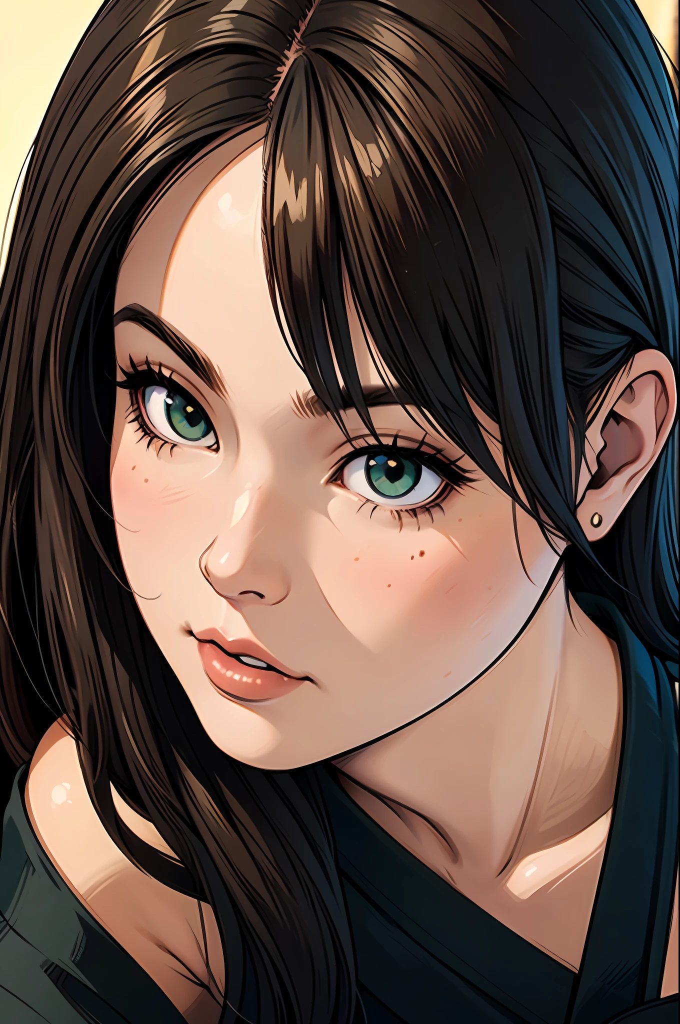 tetsuya nomura art style, (masterpiece), best quality, beautiful detailed hair detailed face, girl, solo, close-up portrait, narrow perspective, perfect feminine face, very stunning woman, simple black dress, chesnut brown hair, shoulder length hair, green eyes