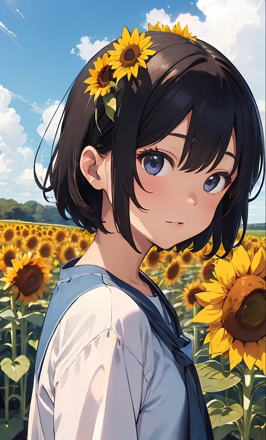 Anime girl with sunflower in her hair standing in a field of 