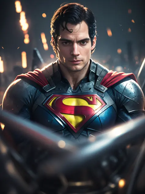 1 man, solo, Henry Cavill as Superman, 40s year old, all white and lila and black details suit, bare hands, big red H symbol on ...