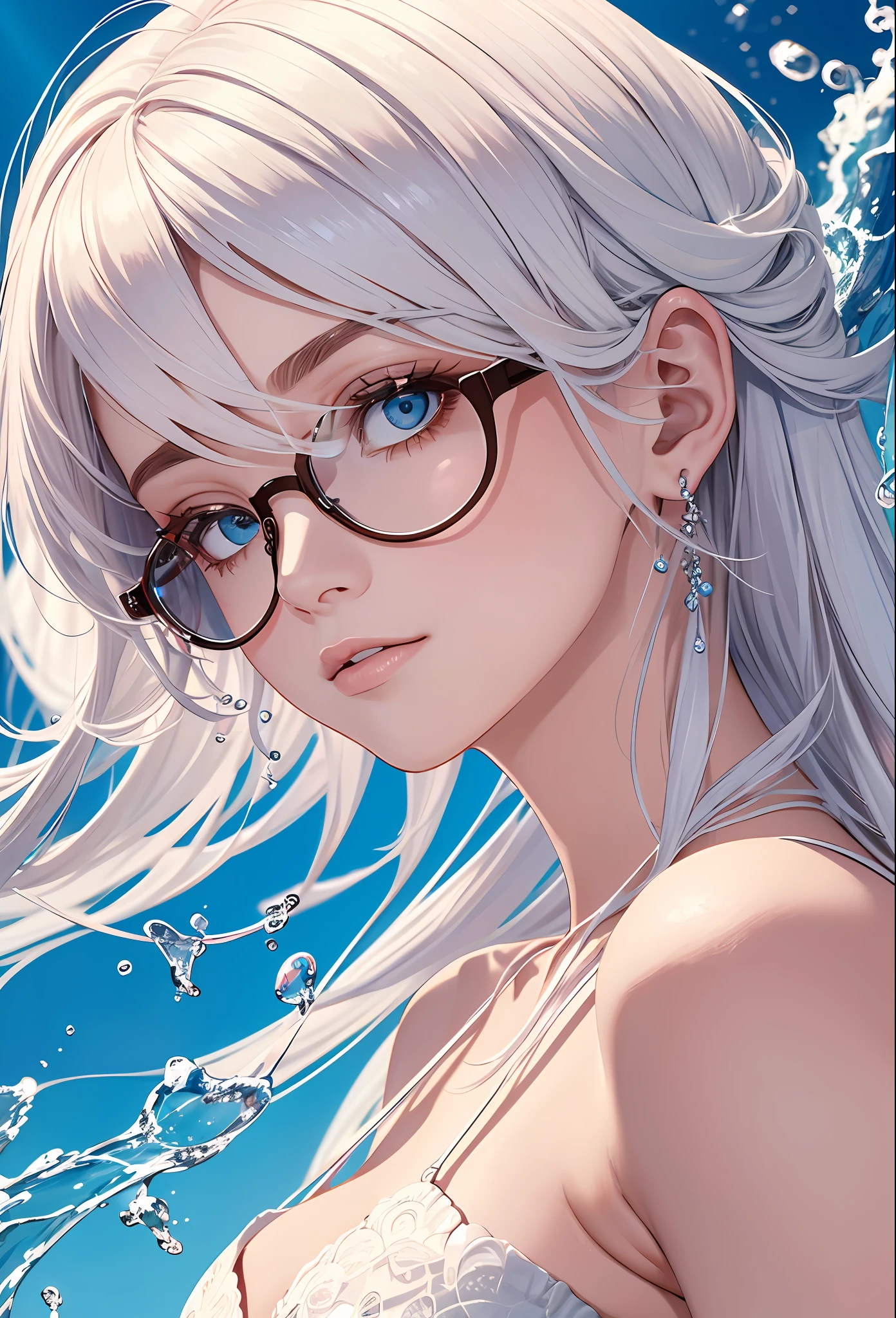 ((Masterpiece)), melhor qualidade, ultra-detalhado, Dynamic angle, dynamic pose, high resolution, um extremamente delicado e bonito, Stylish glasses, many drops of water, Salpicos azuis, fundo branco, cabelo rosa:1.3, embedding tag) --auto