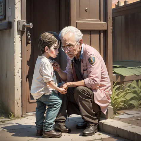 An old man stroked a little boy's head，Under sunset，In front of the house