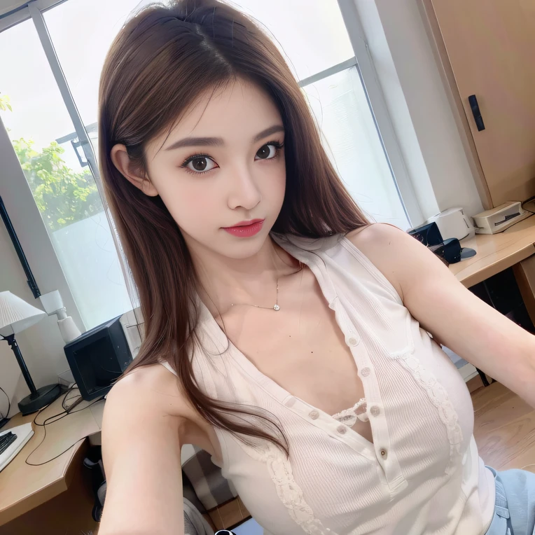 ，巨作, Best quality，8K, ultra-high-resolution，cinamtic lighting，(beautifuleyes:1.1)， ((Medium view，Haut du corps:1.1))，Beautie,On the outside，Camisa blanca