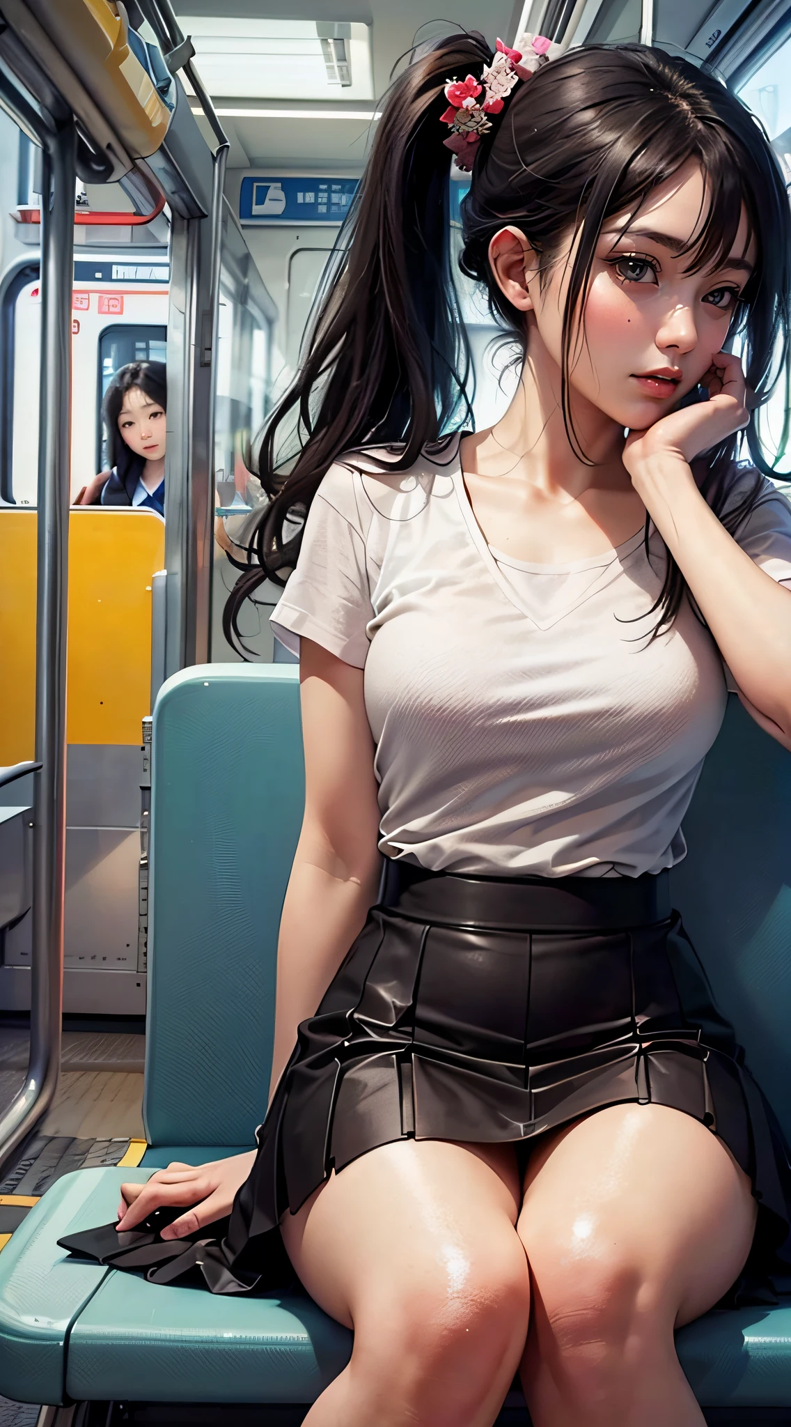 “（nmasterpiece，high-definition，ultra high def，4K）Black hair with double ponytail，14 years old Japanese girl，Red tight skirt，emphasizing thighs，Exposing the skin of the legs，soft thighs，Glossy thighs，sat down in train aile，Face-to-face perspective，（From the angle below），Sit in the train seat，Sit in front，Crotch zoom camera，Feet on the train floor，Whole human body，Head down and sleepy-eyed，Just look at the audience"， 最佳质量， ultra high def， （make realistic：1.4）， high resolucion， specifics，