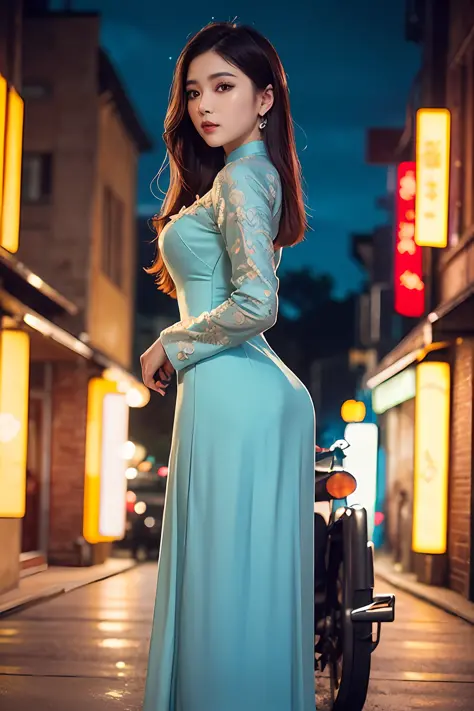 a beautiful girl in vintage colors aodai tradition viet nam, city nigth, masterpiece, best quality, realistic:1.3, street, cyber...