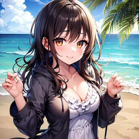 1girls, Height 148cm、Bust 85cm、Waist 56cm、Hip 85cm、F-cup、23yo、very baby face、Brown-haired、ponie tail、Cute one-piece swimsuit with ruffles and ribbons、You can't see much of the chest、Wearing a white hoodie with a front opening、Sandy beaches on the Shonan co...