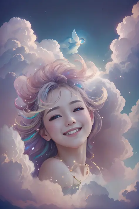 an angel、comely、Happy smile、Gentle background、the clouds、Colorful clouds、Fantastical、Bright background、high picture quality、tenderness､joy、aureole 、 Sea Background -Auto