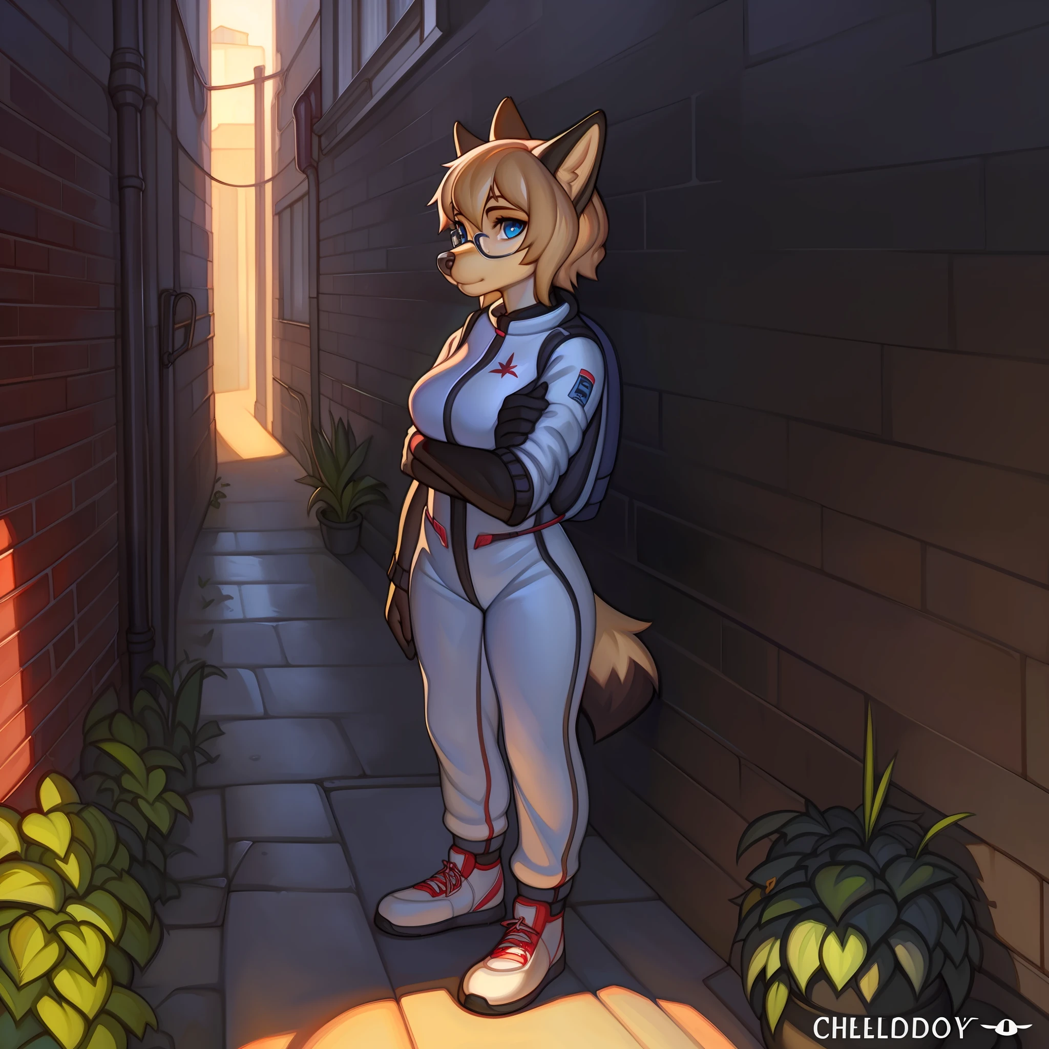 Solo, female, standing, (((by chelodoy))), canine, snout, long snout, glasses, black fur, black body, blue eyes, detailed eyes, detailed hands, white spacesuit, alleyway, plants, golden hour, tan hair, medium hair, bangs, fringe