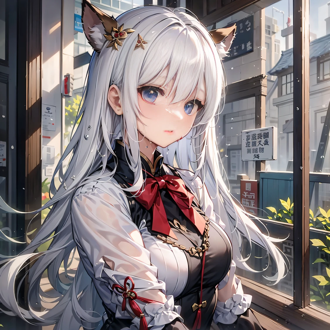 ，Masterpiece, Best quality，8K, ultra-high-resolution，ultra-high-resolution，Stewardess，Bloodshot eyes，unexpressive，whitehair，Bow hair ornament，Get wet，Deer tail，Bow，Yes，colored glass，Chinese wind，Ji Ji Fa