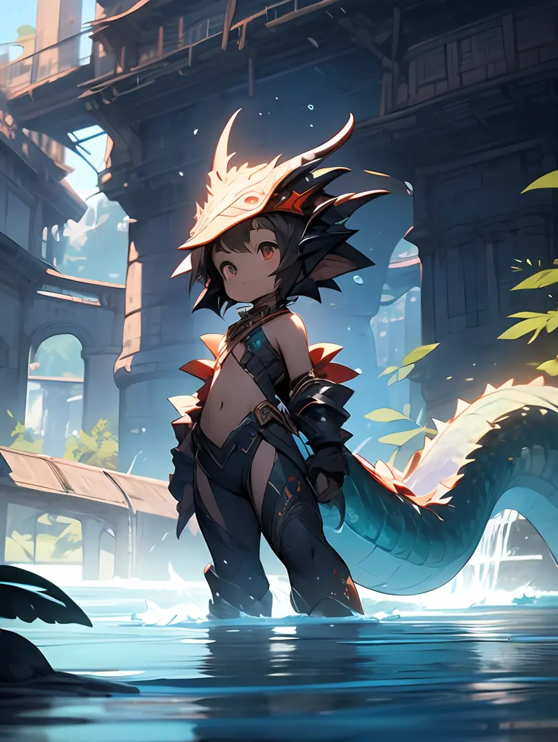 a cartoon picture of a girl with a dragon costume standing in a river, concept art by Yang J, pixiv contest winner, fantasy art,...