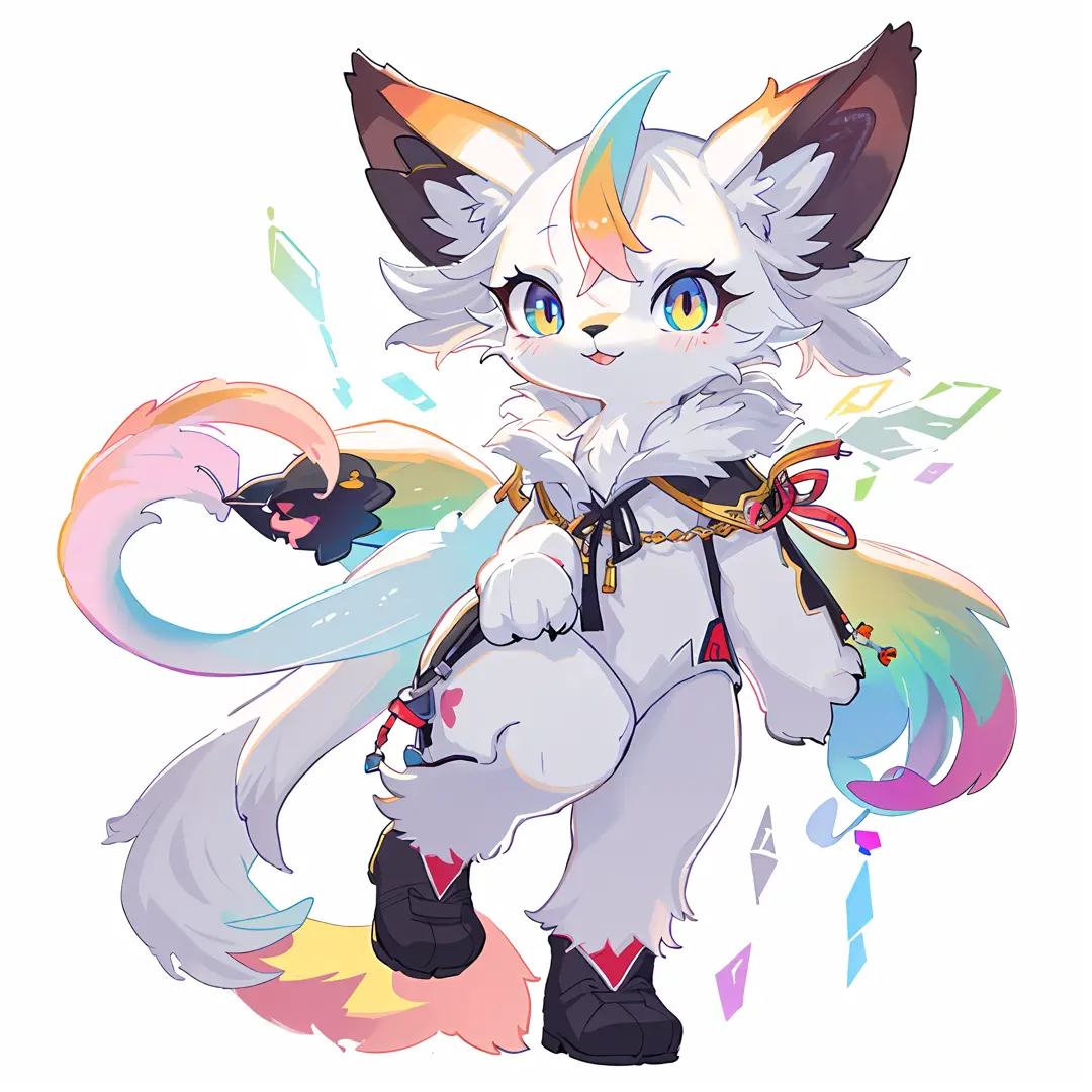 anime cat with a rainbow tail and a white body, Digital art on Pixiv, ethereal fox, very very beautiful furry art, anime cat, Fu...
