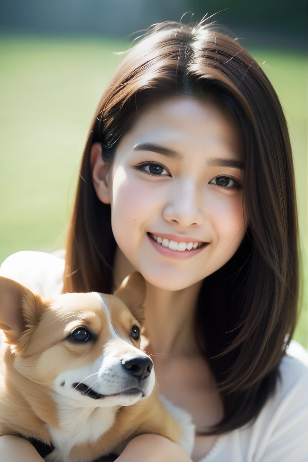 1girls, Upper body portrait of beautiful 25 year old woman (a little welsh corgi puppy in her arms), Looking at Viewer, piercing eyes, fairyland at background, neko, mystical, Surreal, Colorful, Detailed face, Detailed skin, hard disk, dream, Ultra Wide Angle, Hyper-Realism, hyper-detail, centred，Smiling Woman、Photo of a Beautiful Korean kpop idol Woman, Summer, Lustful, Film grain, Ilford HP5, 80mm