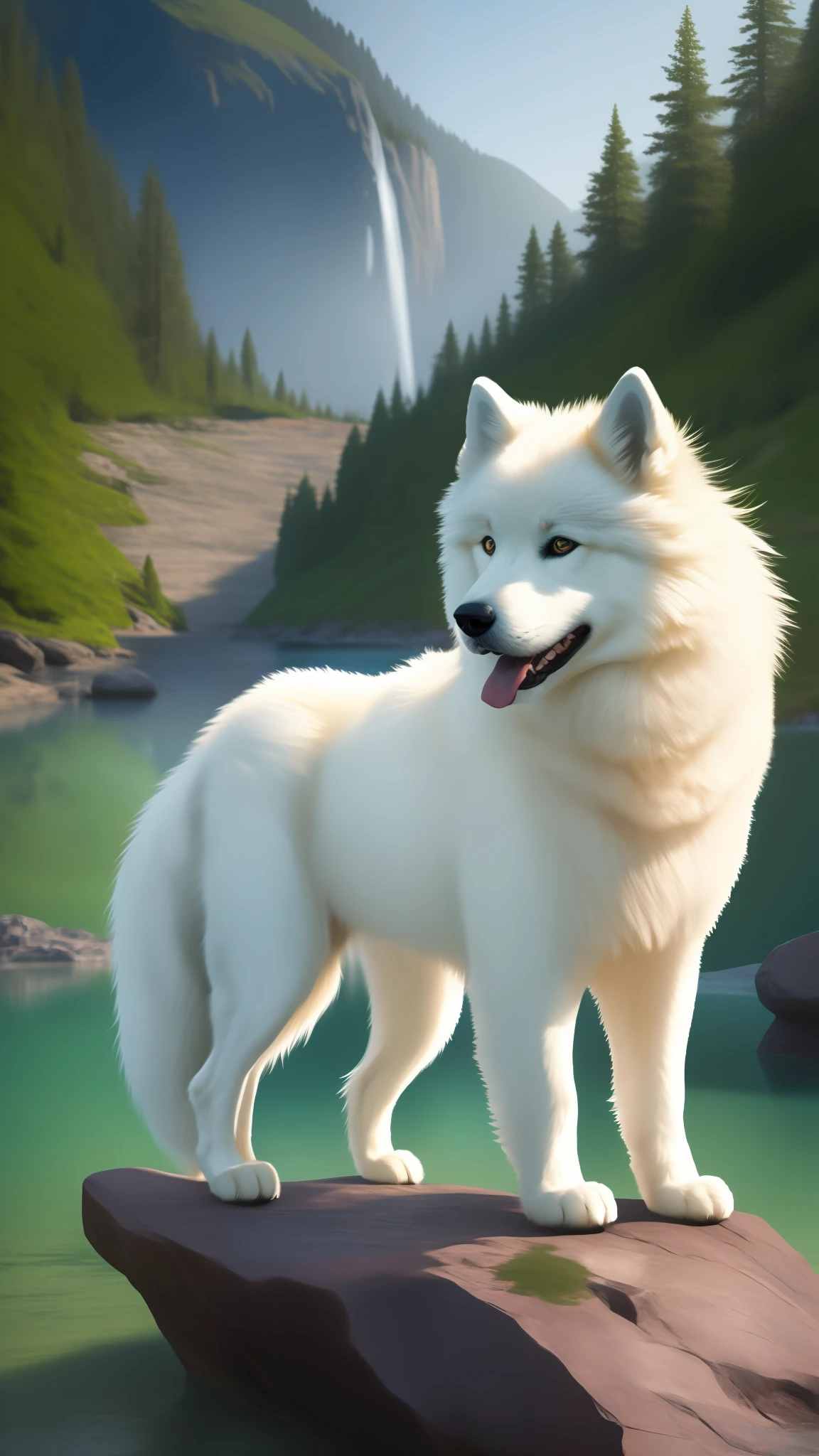 Painting of Samoyed standing on a rock by a lake, guardian of the holy lake, Highly detailed digital art in 4K, author：Jason Benjamin, highly detailed digital painting, Highly detailed illustration, large wolf, high quality detailed art 8k, marc adamus, Highly detailed illustration, Highly detailed digital art