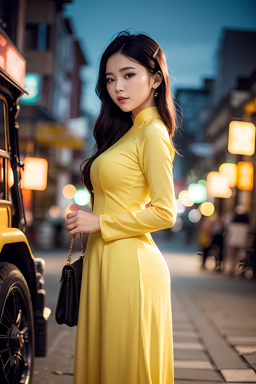 a beautiful girl in yellow colors aodai tradition viet nam, city nigth, masterpiece, best quality, realistic:1.3, street, cyberpunk, sunlight, backlighting, artstation, intricate details, vignette, city night, antique car, Hoi An