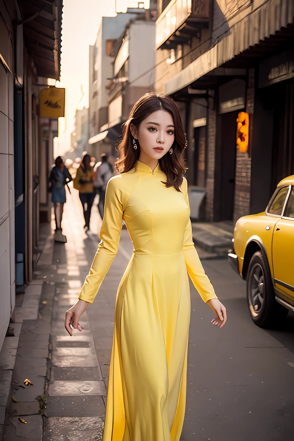 a beautiful girl in yellow colors aodai tradition viet nam, city nigth, masterpiece, best quality, realistic:1.3, street, cyberpunk, sunlight, backlighting, artstation, intricate details, vignette, city night, antique car, Hoi An