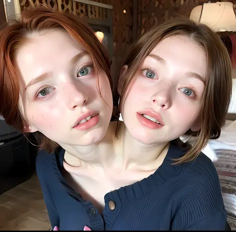 2heads, two headed girl, mom and daughter, (one torso:1.5), pale skin, Scottish redhead, teenager, white girls, different ages, ...