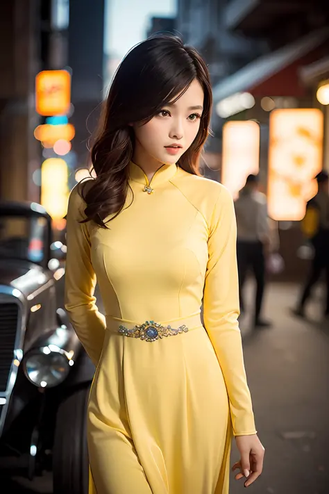 a beautiful girl in vintage yellow colors aodai tradition viet nam, city nigth, masterpiece, best quality, realistic:1.3, street...