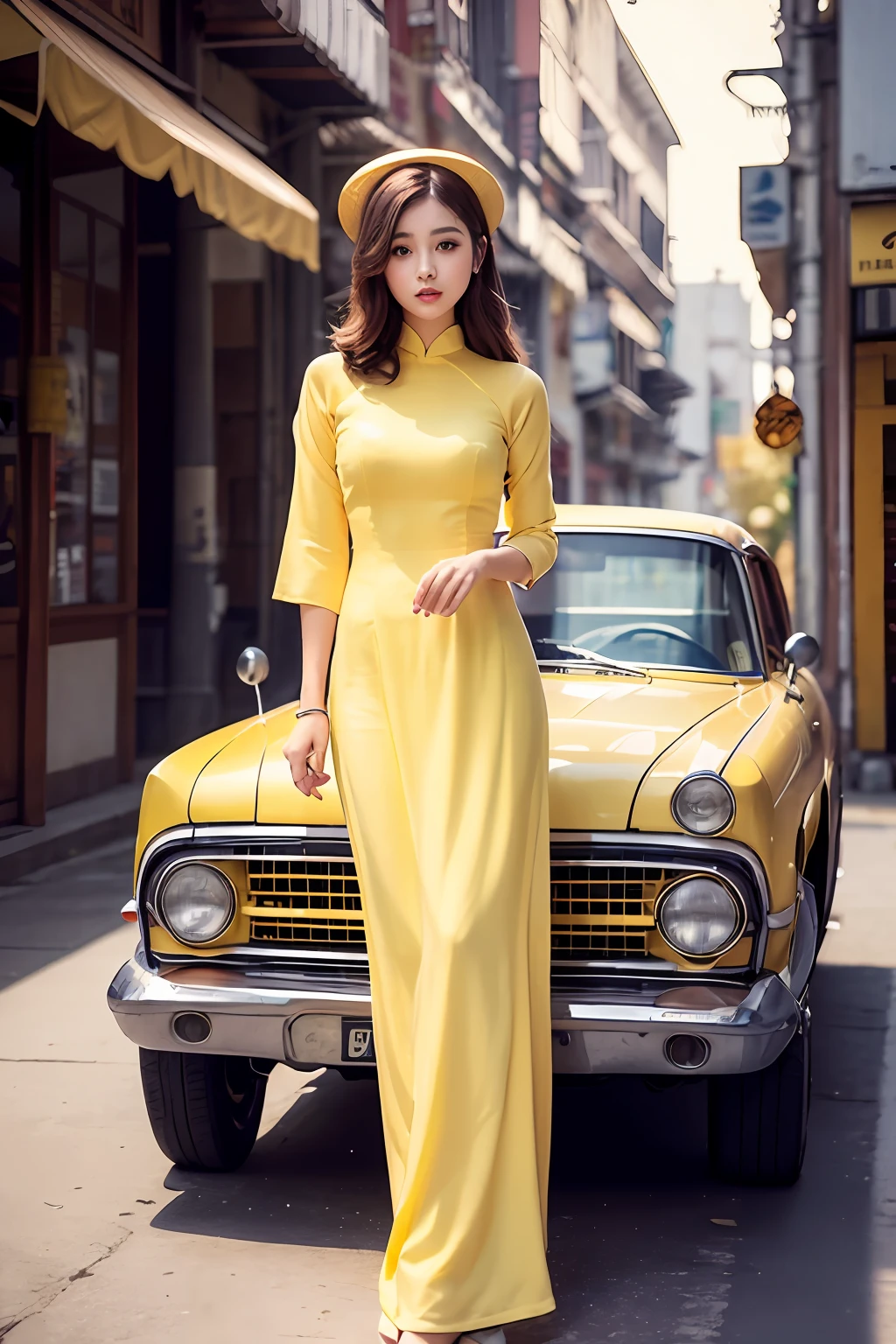 a beautiful girl in vintage yellow colors aodai tradition viet nam, city nigth, masterpiece, best quality, realistic:1.3, street, cyberpunk, sunlight, backlighting, artstation, intricate details, vignette, city night, antique car, Hoi An