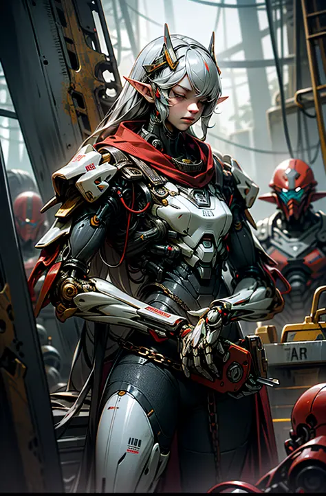 dark_fantasy,cyberpunk,(chain saw,chain saw man,red:1.1),1man,mechanical marvel,robotic presence,cybernetic guardian, wearing a ...